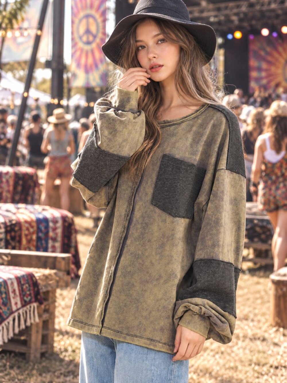 Sage + Fig Mineral Wash Cotton Waffle Knit Patchwork Boho Grunge Sweatshirt NWT